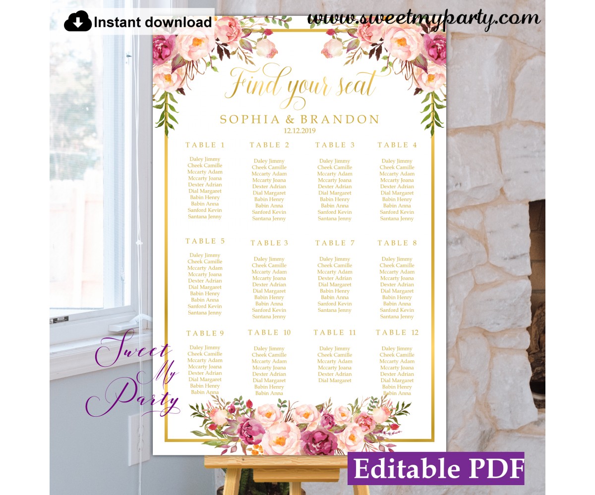 Floral seating chart template,Blush flowers seating chart,(31g)